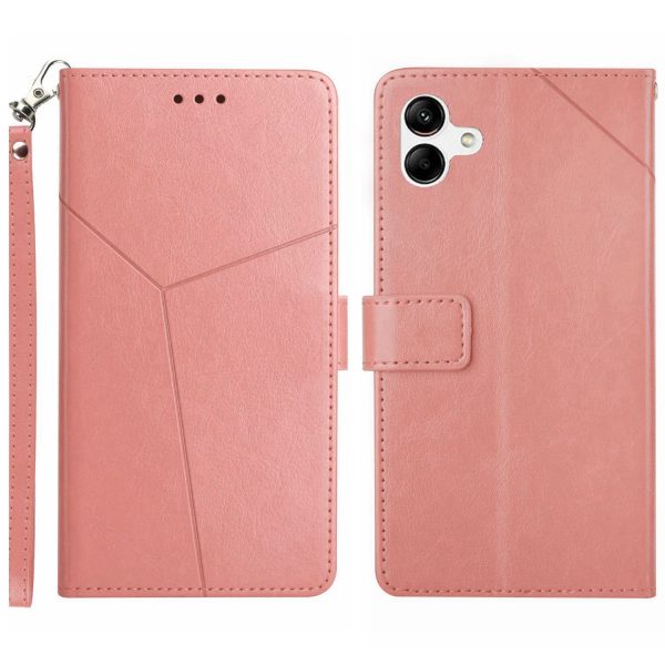 For Samsung Galaxy A04 4G HT01 Imprinted Y-Shaped Lines Phone Case PU Leather Stand Shockproof Wallet Cover with Strap on Sale