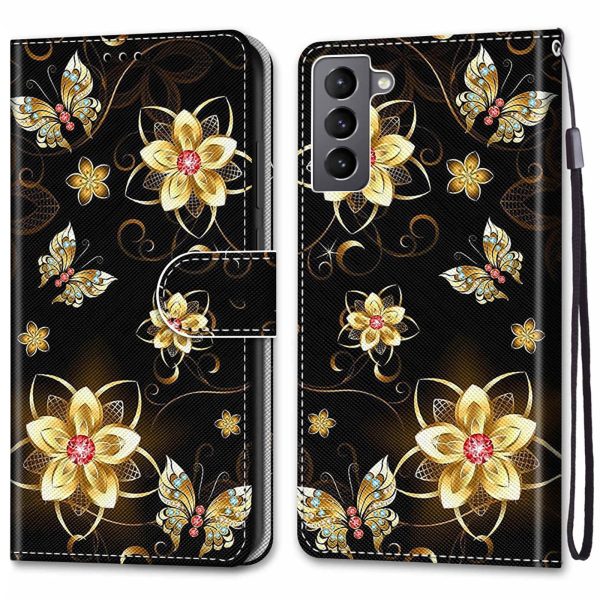 Color Pattern Printing Leather Case Wallet Stand Design + Handy Strap Anti-Collision Phone Shell for Samsung Galaxy S22 5G Fashion