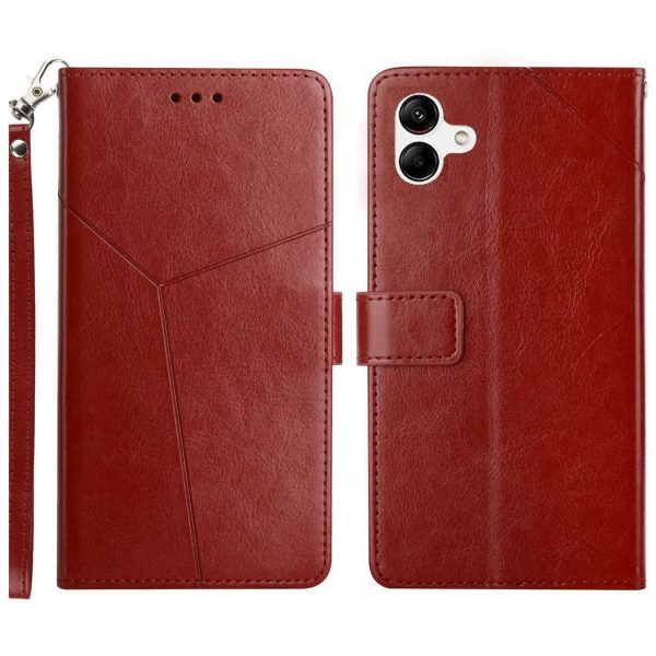 For Samsung Galaxy A04 4G HT01 Imprinted Y-Shaped Lines Phone Case PU Leather Stand Shockproof Wallet Cover with Strap on Sale