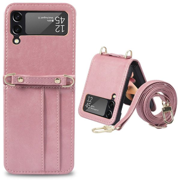 Card Slots Phone Cover for Samsung Galaxy Z Flip3 5G,  One-piece Design PU Leather + TPU Case with Long Lanyard For Cheap