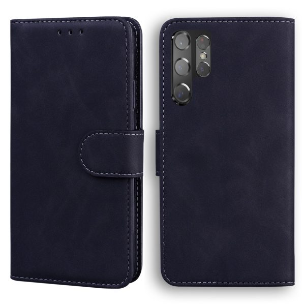 Anti-Drop Plain Leather Phone Protective Shell with Stand and Wallet for Samsung Galaxy S22 Ultra Online now