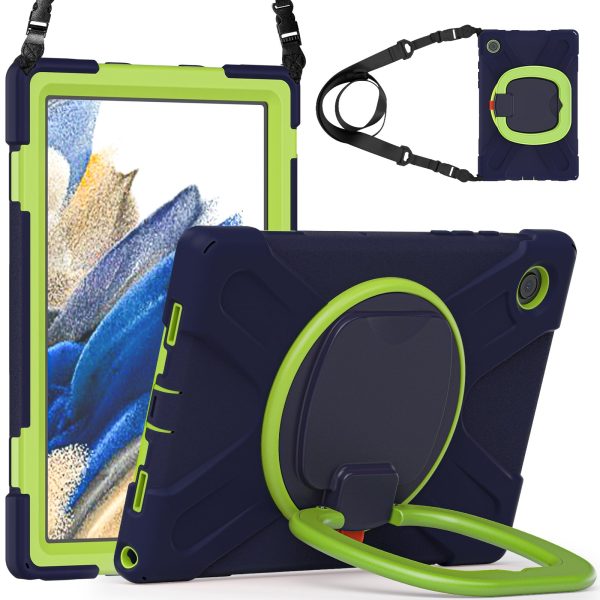 For Samsung Galaxy Tab A8 10.5 (2021) 360 Degree Rotary Kickstand Tablet Case PC + Silicone Hybrid Cover with Shoulder Strap Supply