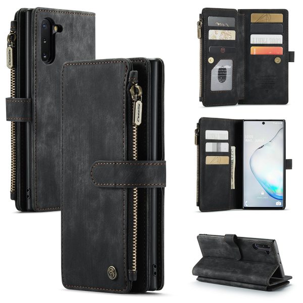 CASEME C30 Series for Samsung Galaxy Note 10 Supporting Stand Design Fall Proof PU Leather Phone Case Zipper Pocket Wallet Phone Cover Fashion