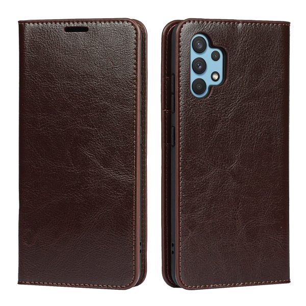 Crazy Horse Skin Genuine Leather Wallet Phone Case with Stand for Samsung Galaxy A32 4G Online now