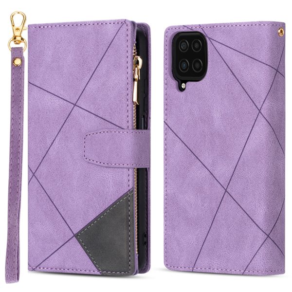 Color Splicing Lines Design Anti-Drop Scratch-Resistant Wallet Stand Leather Phone Cover Case with Zipper Pocket for Samsung Galaxy A12 Hot on Sale