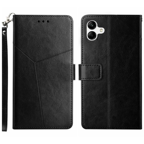 For Samsung Galaxy A04 4G HT01 Imprinted Y-Shaped Lines Phone Case PU Leather Stand Shockproof Wallet Cover with Strap on Sale