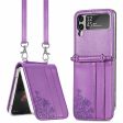 Card Holder Phone Case for Samsung Galaxy Z Flip4 5G, Imprinting Flower PU Leather Coated PC Cover with Shoulder Strap Supply