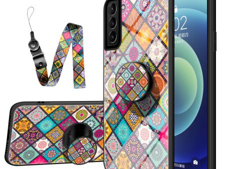 Colorful Flower Print Glass Hybrid Phone Case Protector with Stand Lanyard for Samsung Galaxy S21+ 5G Cheap