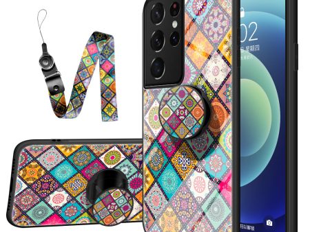 Colorful Flower Print Glass Hybrid Phone Case Protector with Stand Lanyard for Samsung Galaxy S21 Ultra 5G Supply