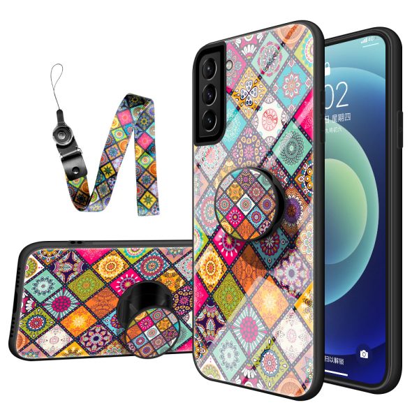 Colorful Flower Print Glass Hybrid Phone Case Protector with Stand Lanyard for Samsung Galaxy S21+ 5G Cheap